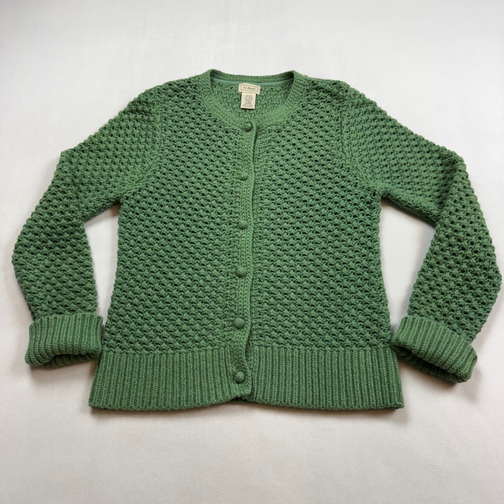 LL Bean Green Wool Angora Popcorn Knit Cardigan Sweater Womens Medium Regular